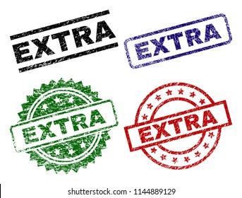 EXTRA seal prints with damaged style. Black, green,red,blue vector rubber prints of EXTRA caption with scratched style. Rubber seals with circle, rectangle, rosette shapes.
