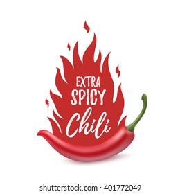 Extra spicy chili paper poster, badge or banner template with fire, isolated on white background. Vector illustration.