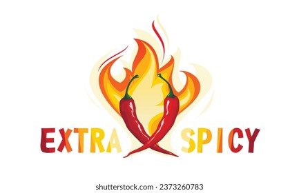 Extra spicy red chilli pepper in fire isolated on white background. Chili peppers in flame. Vector illustration. Hot spices. 