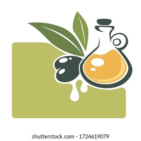 Extra virgin olive oil in bottle, isolated banner with copy space. Organic berry on branch with foliage. Glass filled with oily liquid, ingredient in jar. Dietary berry, ripe vegetables, vector