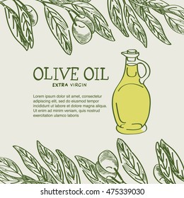 Extra virgin olive oil in bottle with copy space on left side of composition.