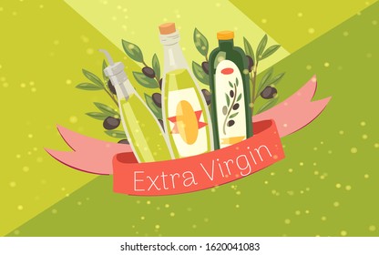 Extra virgin olive oil bottles with black olives and banner vector illustration. Green extra virgin oil glass jars for healthy organic and vegeterian food store poster.