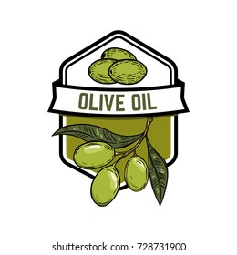 Extra virgin olive oil. Olive branch. Design element for emblem, sign, badge, label. Vector illustration