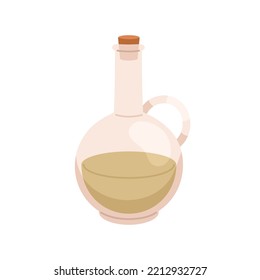 Extra virgin olive oil in glass jug. Corked transparent jar, bottle, flask of fresh Spanish, Italian liquid. Flat graphic vector illustration isolated on white background