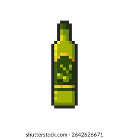 Extra virgin olive oil in green glass bottle isolated on transparent background. Pixelated badge, game asset or computer arcade item. Olive oil icon. Vector pixel art illustration in 16 bit old style.