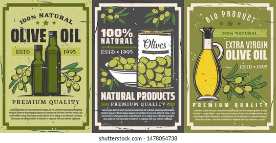 Extra virgin olive oil icons and natural farm food olive products shop. Vector vintage posters of olive oil bottle, premium quality marinated pickles in can and green olive tree