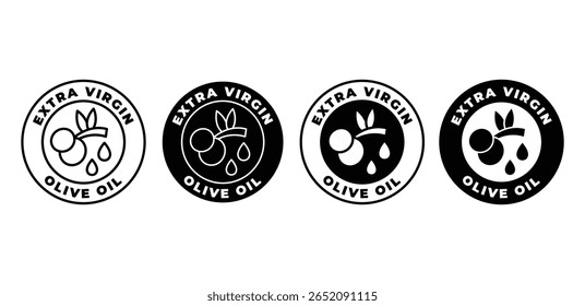 Extra Virgin Olive Oil Icons Black and White Circular Labels Stamp Vector Design Illustration