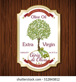 Extra virgin olive oil label with plants branches image on dark brown wooden table background vector illustration