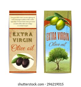 Extra virgin olive oil labels with black and green olives vertical banners set abstract isolated vector illustration