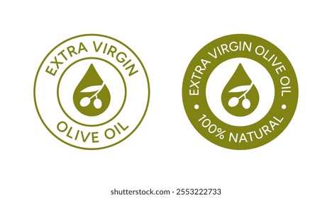 Extra virgin olive oil logo. Emblem of olive oil drop with olive branch