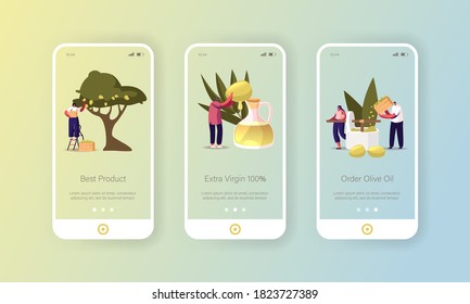 Extra Virgin Olive Oil Mobile App Page Onboard Screen Template. Tiny Characters around of Huge Glass Jug Growing, Collecting and Pressing Green Fresh Olives Concept. Cartoon People Vector Illustration