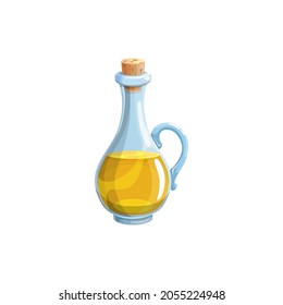 Extra virgin soy, olive or sunflower oil in bottle with cork isolated realistic icon. Vector jar of organic soy, soybean, sunflower, linseed oil salad dressing. Natural oils vegetarian food condiment