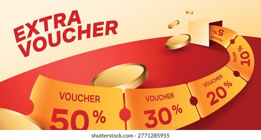 Extra voucher come up from gift box. Many voucher flying with golden money concept for promotion design.