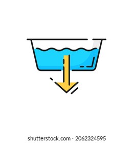 Extra water or detergent add at laundry machine isolated color line sign. Vector machine wash symbol, washbowl and arrow down, add extra washing powder. Rinse sign electric appliance machine program