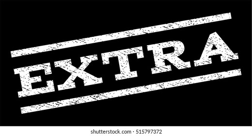 Extra watermark stamp. Text tag between parallel lines with grunge design style. Rubber seal stamp with unclean texture. Vector white color ink imprint on a black background.