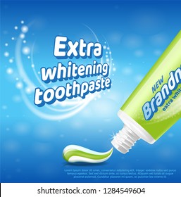 Extra Whitening Toothpaste Healthy Teeth Concept. Banner Vector Realistic Illustration 3d Green Tube Toothpaste Brandname New Company. Means Caring Oral Cavity. Toothpaste Cleansing, Whitening Teeth