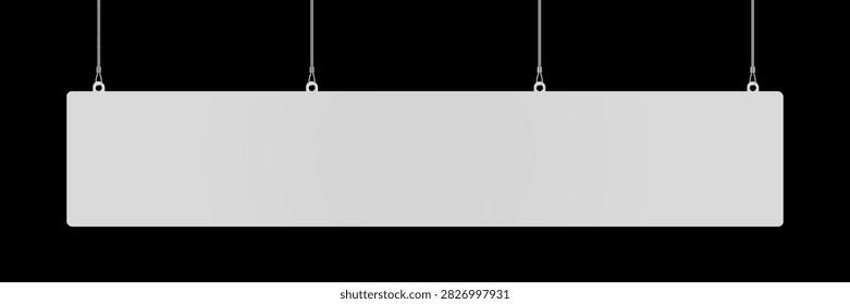 Extra wide blank horizontal dangler mockup with 3 stings hanging from ceiling. Realistic empty mock up of signboard or ad banner in supermarket. Sale announcement. Vector illustration
