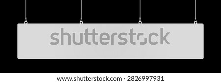 Extra wide blank horizontal dangler mockup with 3 stings hanging from ceiling. Realistic empty mock up of signboard or ad banner in supermarket. Sale announcement. Vector illustration