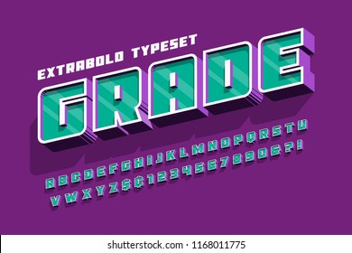 Extrabold 3d display font design, alphabet, letters and numbers