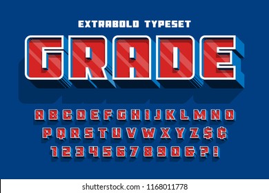 Extrabold 3d display font design, alphabet, letters and numbers