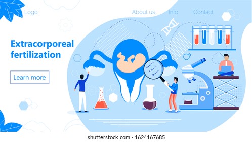 Extracorporeal fertilization concept vector. Tiny reproductive doctors make IVF. Intrauterine life, premature baby and the risk of miscarriage on a blue background. Gynecologist examines the uterus.