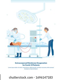 Extracorporeal Membrane Oxygenation for Covid-19 Petients. Group Doctors Fight for Life Man Suffering from Coronavirus. Dangerous Pandemic. Flat Illustration. Medical Staff in Ward Ventilation Patient