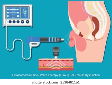 Terapia de Ondas de Choque Extracorpóreas (ESWT) para Disfunção Erétil.Promove o alívio da dor, recuperação muscular e saúde espinhal. (ESWT para abreviar) Assistência médica, ilustração vetorial.