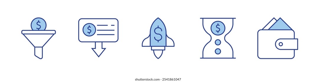 Extracto, cohete, dinero, el tiempo es dinero, embudo de ventas. Ilustración vectorial de iconos. Línea estilo Duotone. Trazo editable.
