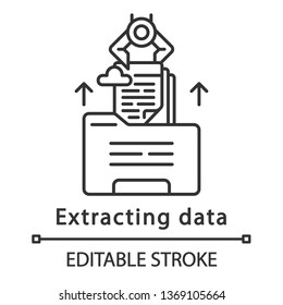 Extracting data linear icon. Robot retrieving electronic file from folder. RPA. Using cloud service. Thin line illustration. Contour symbol. Vector isolated outline drawing. Editable stroke