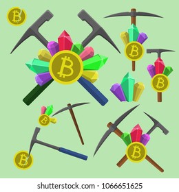 Extraction bitcoin emblem, icon with a geological hammer, pick and crystals vector set multicolored