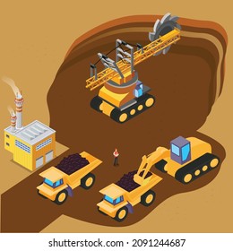 Extraction of coal by underground method isometric 3d vector concept for banner, website, illustration, landing page, flyer, etc.