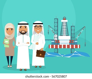 Extraction of energy resources. A gas production platform. A group of professionals. Arab nationality. Young people.