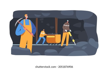 Extraction Industry Workers Characters in Uniform   Helmet at Coal Quarry Loading Fossils Mine Trolley  Miner Work and Jackhammer   Pickaxe  Working Occupation  Cartoon Vector Illustration