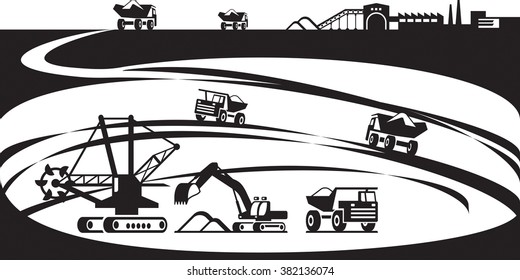 Extraction of ore from open pit - vector illustration