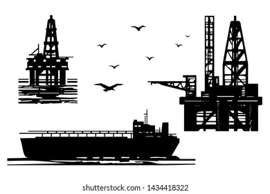 Extraction of petroleum products in the sea. Transportation of oil and gas in the ocean. Oil platforms oil tanker ship and seagulls. Silhouettes vector set.