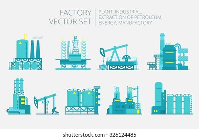 Extraction petroleum. Vector set of factory illustration oil production.  Building industry.