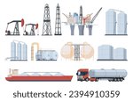 Extraction and processing of oil and gas. Large industrial complexes, factories, gas and oil towers. Extraction of minerals. Natural energy resources. Vector illustration