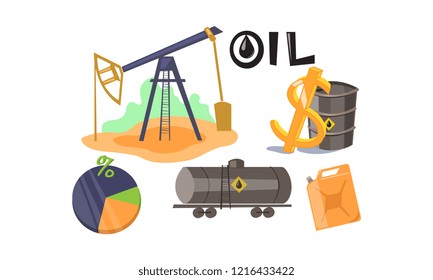 Extraction and processing of oil set, production and transportation of oil and petrol vector Illustration on a white background