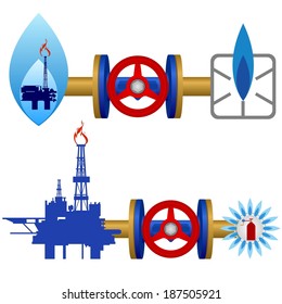 Extraction, processing and use of natural gas. Illustration on white background.