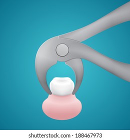 Extraction of a tooth with dental forceps on blue background