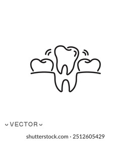 Icono de diente de extracción, doctor de dientes, extracción de muelas del juicio, símbolo de línea delgada aislado en fondo blanco, carrera editable EPS 10 Ilustración vectorial