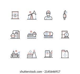 Extraction and use of oil - line design style icons with editable stroke. Fuel industry, barrel, rig, gas canister and station, industrial resources transportation by barge, containers, factory idea