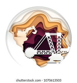 Extractive Machinery And Opencast Mine In Circle. Vector Illustration In Modern Paper Art Style. Mining Heavy Industry Concept.