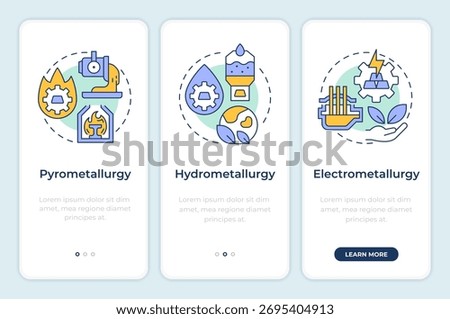 Extractive metallurgy methods onboarding mobile app screen. Heavy industry. Walkthrough 3 steps editable graphic instructions with linear concepts. UI, UX, GUI