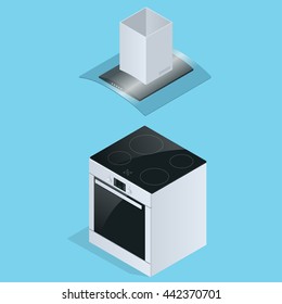 Extractor hood and Electric stove for kitchen vector illustration isolated on white background. Extractor hood icon. Flat 3d isometric illustration.
