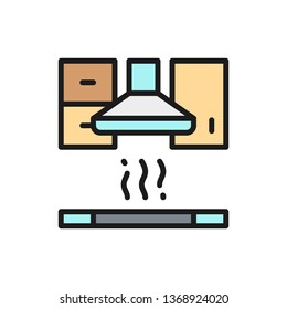 Extractor hood for kitchen flat color line icon.