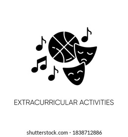 Extracurricular Activities Black Glyph Icon. Different Academic Clubs, Highschool Hobbies. Sport Training, Drama Class, Dancing And Music Silhouette Symbol On White Space. Vector Isolated Illustration