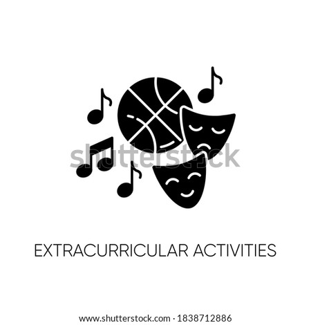 Extracurricular activities black glyph icon. Different academic clubs, highschool hobbies. Sport training, drama class, dancing and music silhouette symbol on white space. Vector isolated illustration