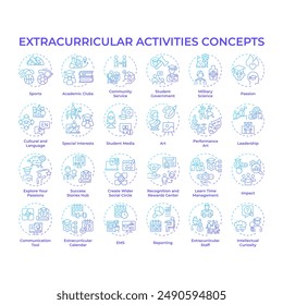 Extracurricular activities blue gradient concept icons. After school activities. Youth organizations. Skills development. Icon pack. Vector images. Round shape illustrations. Abstract idea