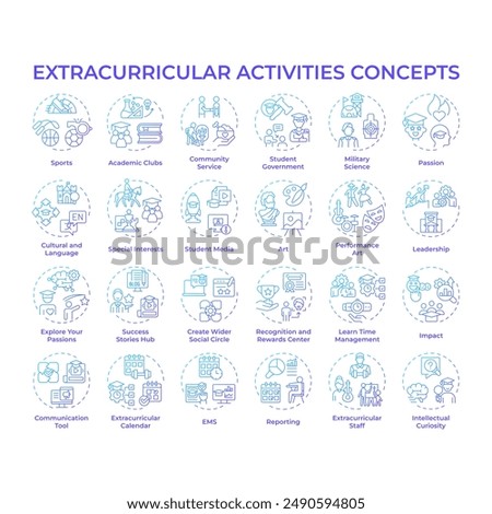Extracurricular activities blue gradient concept icons. After school activities. Youth organizations. Skills development. Icon pack. Vector images. Round shape illustrations. Abstract idea